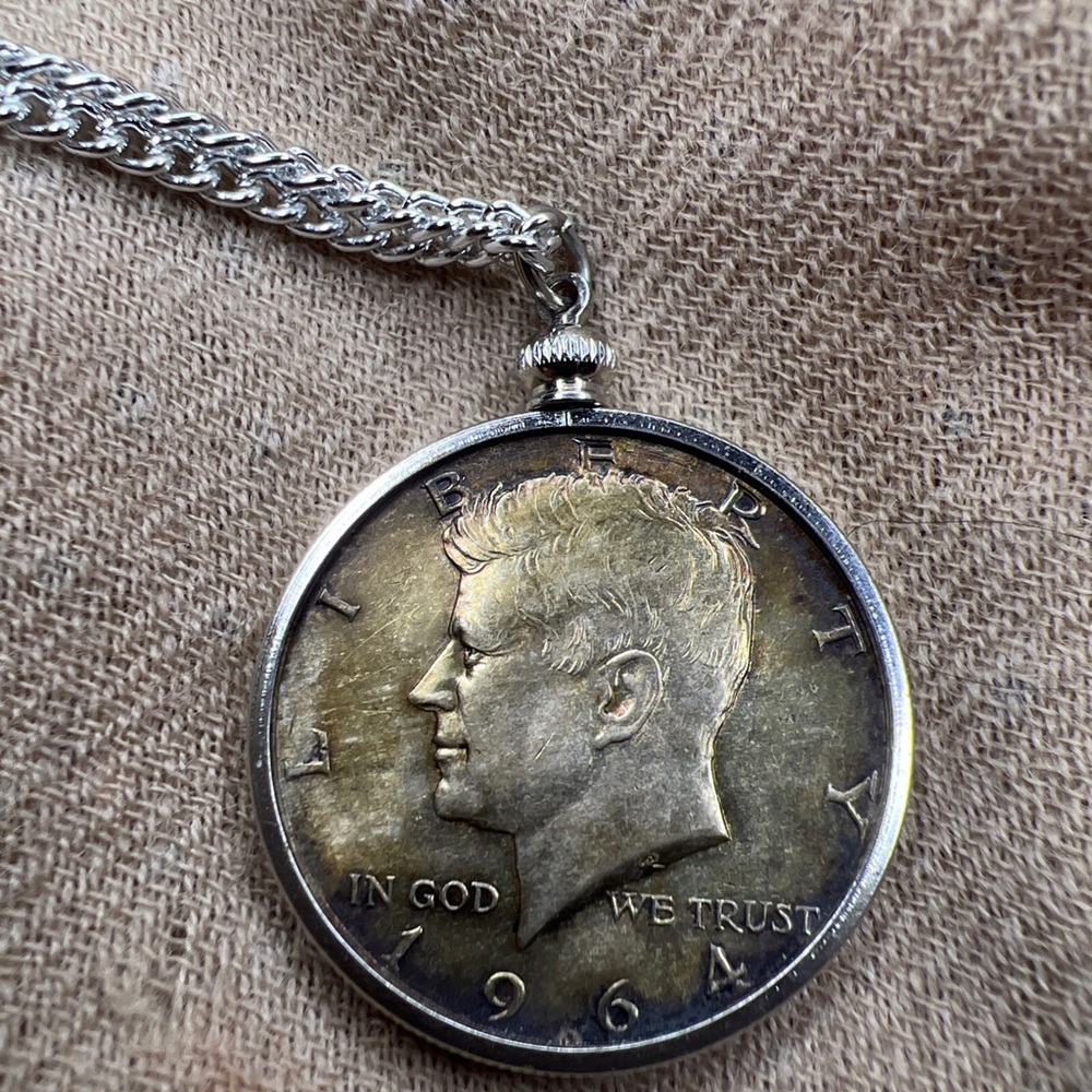 90% silver John F Kennedy 1964 half dollar coin pendant with 24” necklace